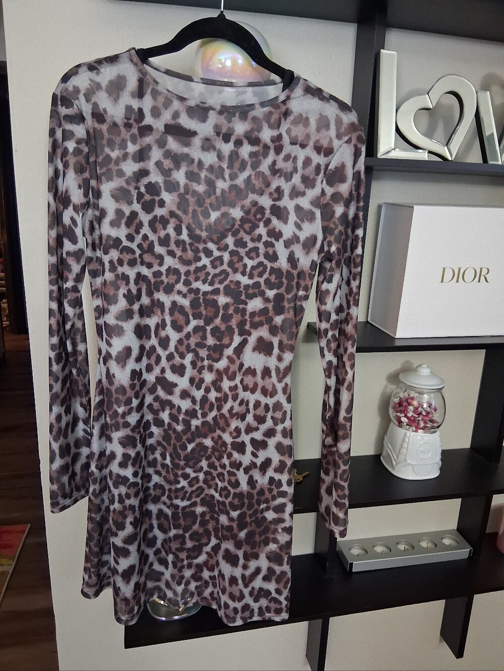 Sheer Leopard Print Long Sleeve Women's Dress W/ Removable Slip.